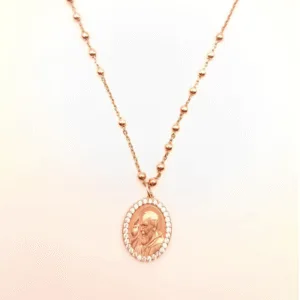 Girocollo rosario con medaglia PADRE PIO in Argento 925 rosè con zirconi.