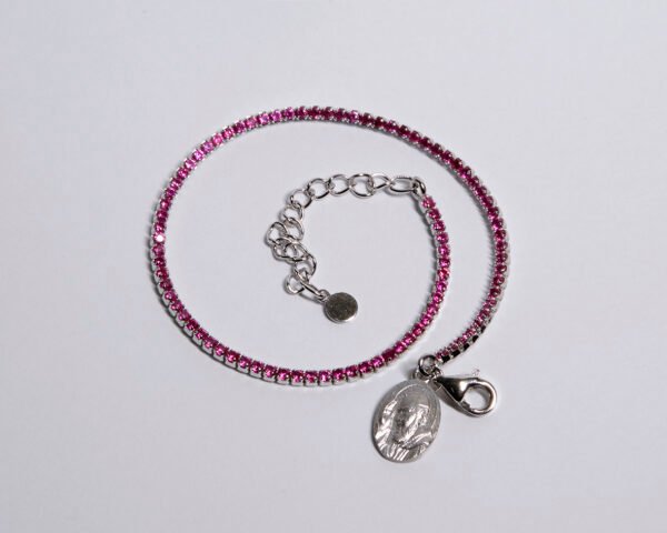 Bracciale Tennis in argento 925 rodiato con Micro Zirconi Fucsia e medaglia Pade Pio. - immagine 2