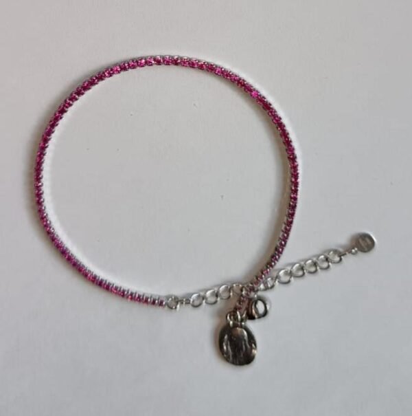 Bracciale Tennis in argento 925 rodiato con Micro Zirconi Fucsia e medaglia Pade Pio.