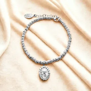 Bracciale con pepite e medaglia PADRE PIO in Argento 925 rodiato con zirconi bianchi.