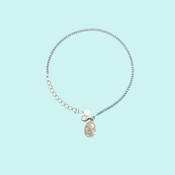 Bracciale Tennis in argento 925 rodiato con Micro Zirconi Celesti e medaglia Pade Pio