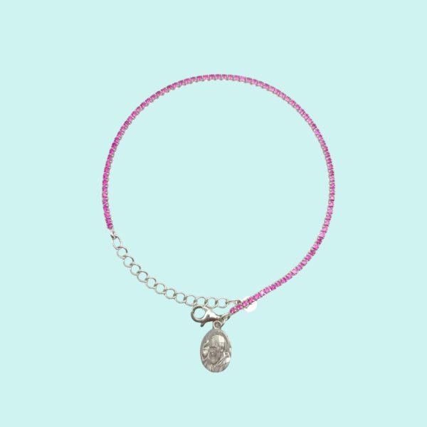 Bracciale Tennis in argento 925 rodiato con Micro Zirconi Fucsia e medaglia Pade Pio.