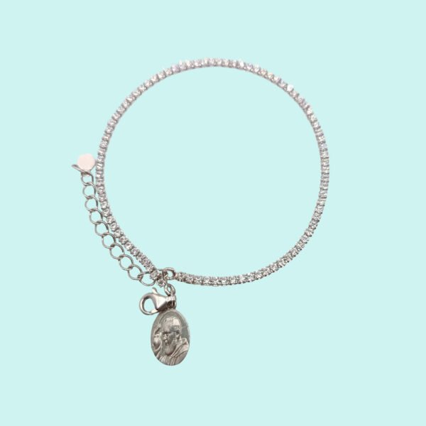 Bracciale Tennis in argento 925 rodiato con micro zirconi bianchi e medaglia Padre Pio - Image 3