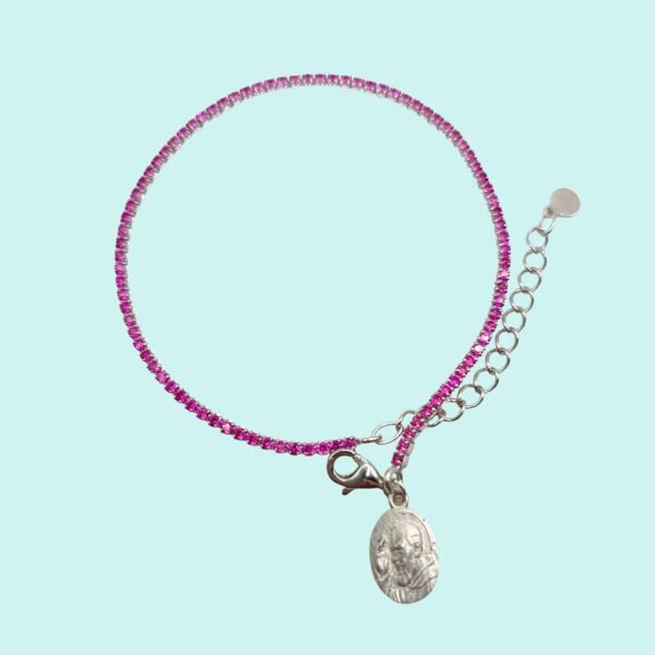 Bracciale Tennis in argento 925 rodiato con Micro Zirconi Fucsia e medaglia Pade Pio. - Image 3