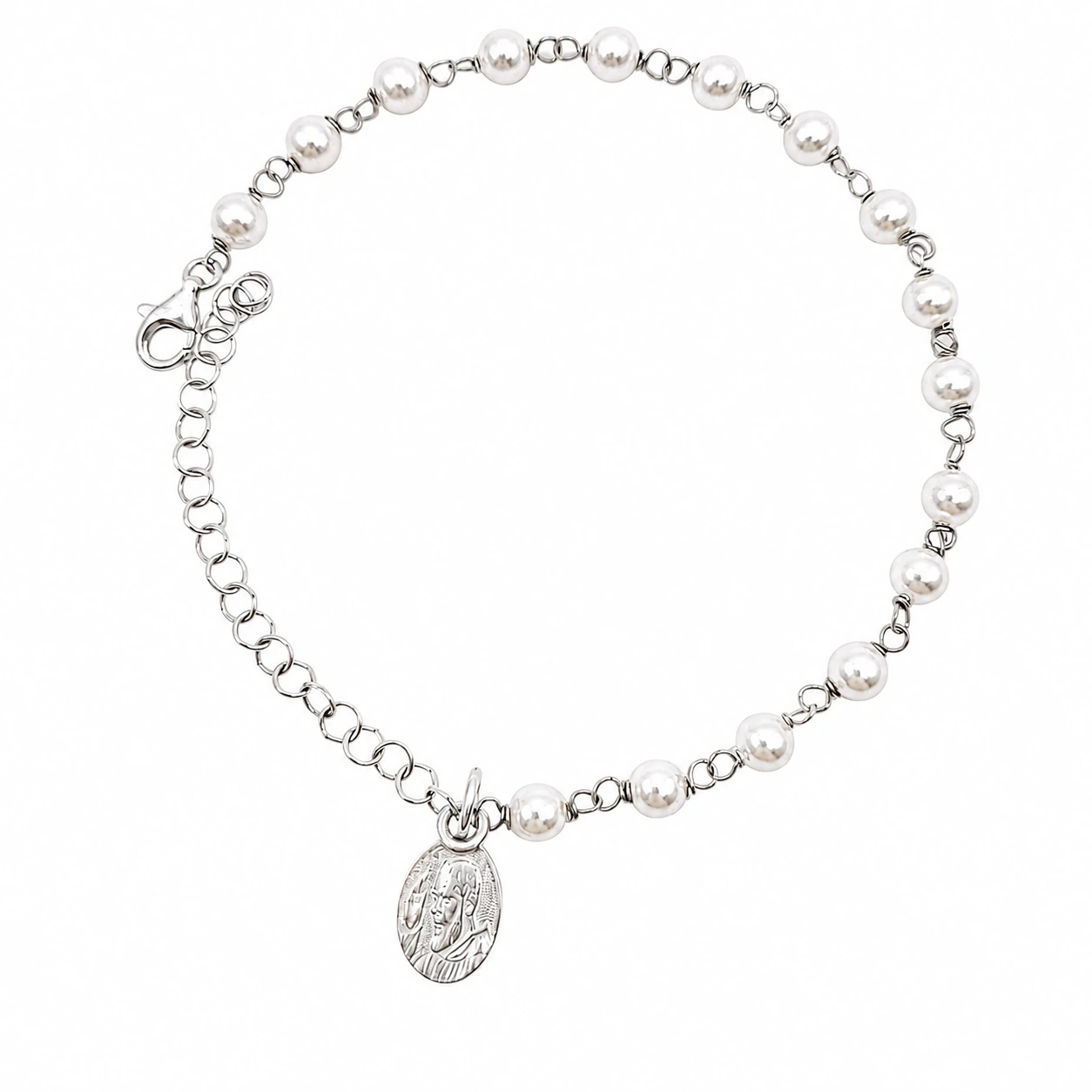Bracciale con perline e medaglia PADRE PIO in Argento 925 rodiato