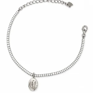 Bracciale Tennis in argento 925 rodiato con micro zirconi bianchi e medaglia Padre Pio
