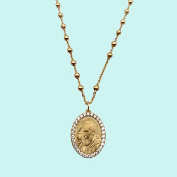 Collana rosario con medaglia PADRE PIO in Argento 925 dorato con zirconi.