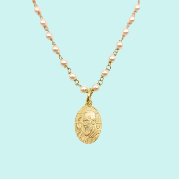 Collana con perline e medaglia PADRE PIO in Argento 925 dorato