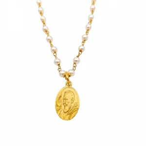 Collana con perline e medaglia PADRE PIO in Argento 925 dorato