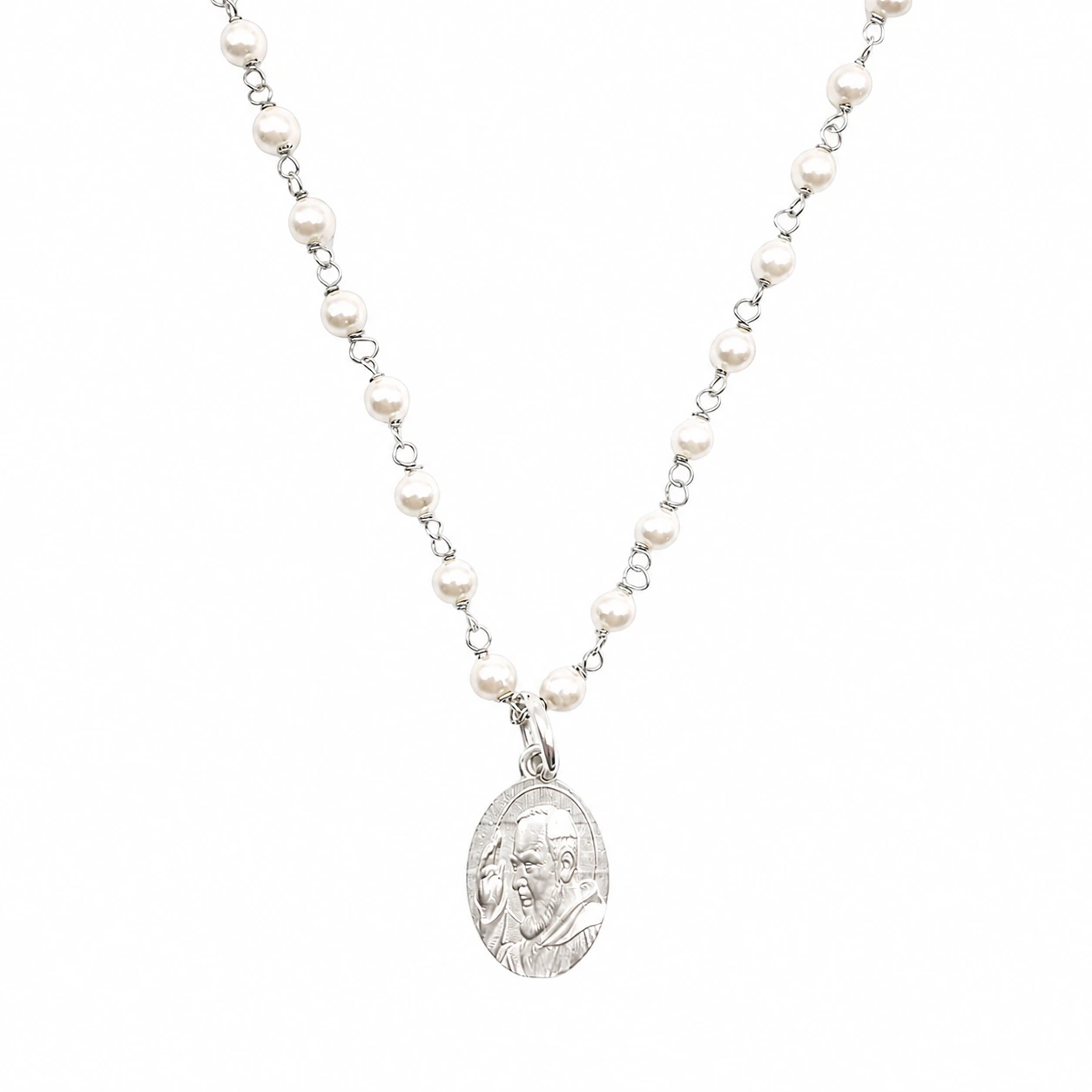 Collana con perline e medaglia PADRE PIO in Argento 925 rodiato