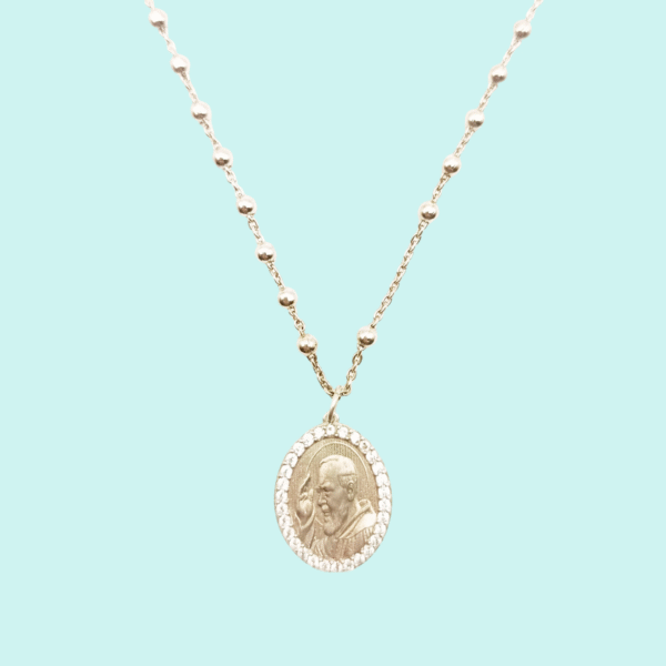 Collana rosario con medaglia PADRE PIO in Argento 925 rodiato con zirconi.