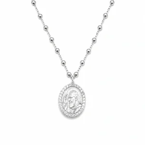 Girocollo rosario con medaglia PADRE PIO in Argento 925 rodiato con zirconi.