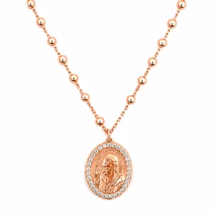 Girocollo rosario con medaglia PADRE PIO in Argento 925 rosè con zirconi.