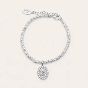 Bracciale con pepite e medaglia PADRE PIO in Argento 925 rodiato con zirconi bianchi.
