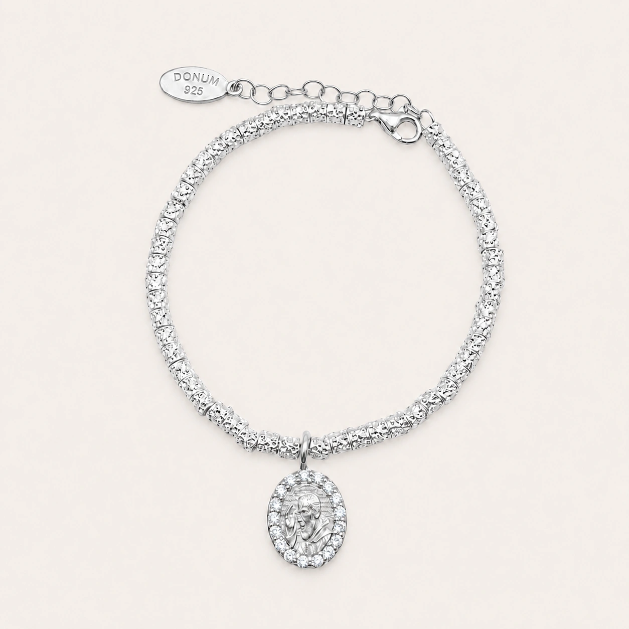Bracciale con pepite e medaglia PADRE PIO in Argento 925 rodiato con zirconi bianchi.