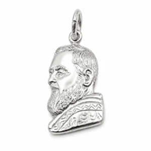 Medaglia sagomata PADRE PIO in Argento 925 rodiato.