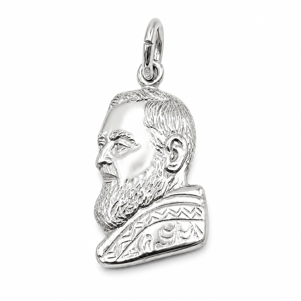 Medaglia sagomata PADRE PIO in Argento 925 rodiato.