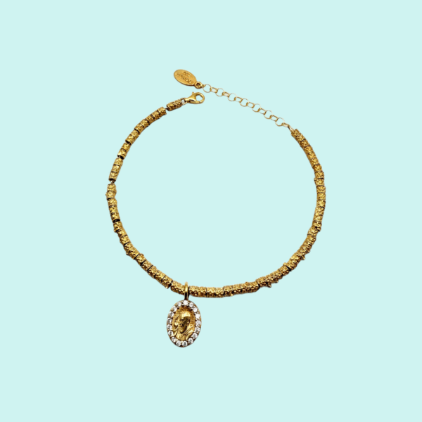 Bracciale con pepite e medaglia PADRE PIO in argento 925 giallo con zirconi bianchi.