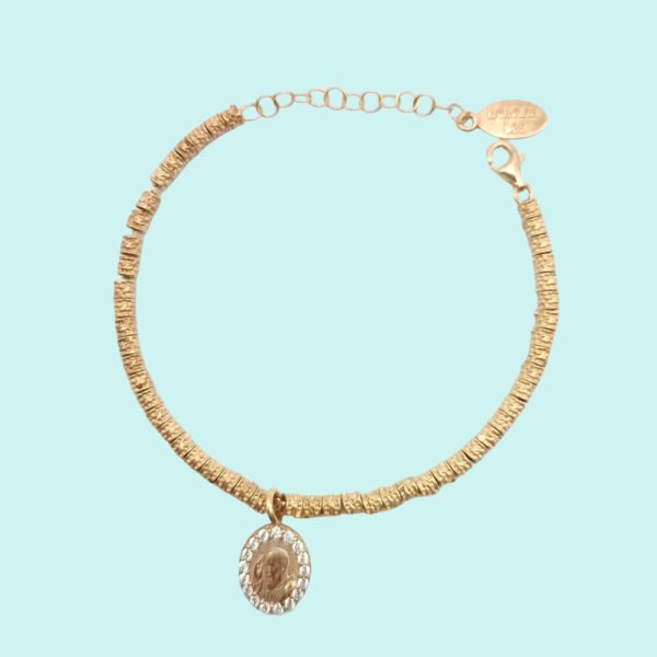 Bracciale con pepite e medaglia PADRE PIO in argento 925 giallo con zirconi bianchi. - Image 2