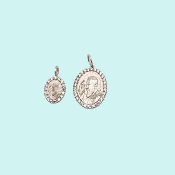 Medaglia Volto Padre Pio in Argento 925 rodiato con zirconi bianchi. - Image 2