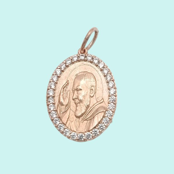 Medaglia Volto Padre Pio in Argento 925 placcata in oro rosa con zirconi bianchi.