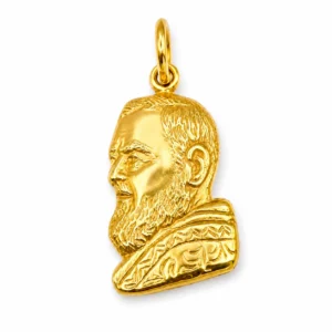 Medaglia sagomata PADRE PIO in Argento 925 placcata in oro giallo.
