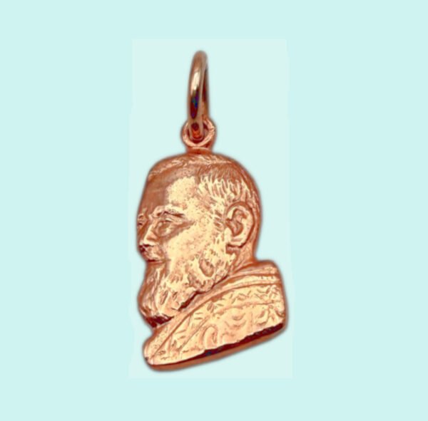 Medaglia sagomata PADRE PIO in Argento 925 placcata in oro rosa.