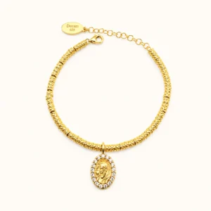 Bracciale con pepite e medaglia PADRE PIO in argento 925 giallo con zirconi bianchi.