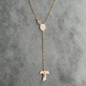 Rosario classico con medaglia PADRE PIO in Argento 925 rosè con zirconi e croce Tau.