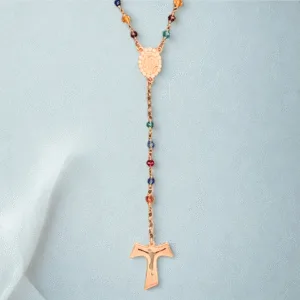 Rosario classico multicolor con medaglia PADRE PIO in Argento 925 rosè con zirconi e croce Tau.