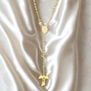 Rosario classico con medaglia PADRE PIO in Argento 925 dorato con zirconi e croce Tau.