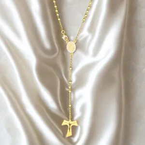 Rosario classico con medaglia PADRE PIO in Argento 925 dorato con zirconi e croce Tau.