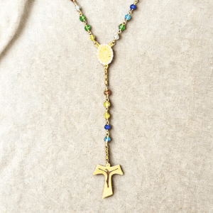 Rosario classico multicolor con medaglia PADRE PIO in Argento 925 dorato con zirconi e croce Tau.