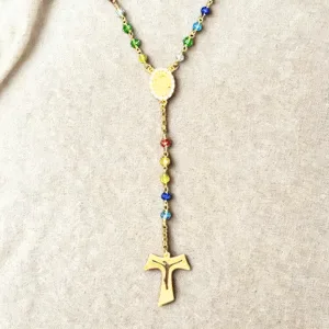 Rosario classico multicolor con medaglia PADRE PIO in Argento 925 dorato con zirconi e croce Tau.