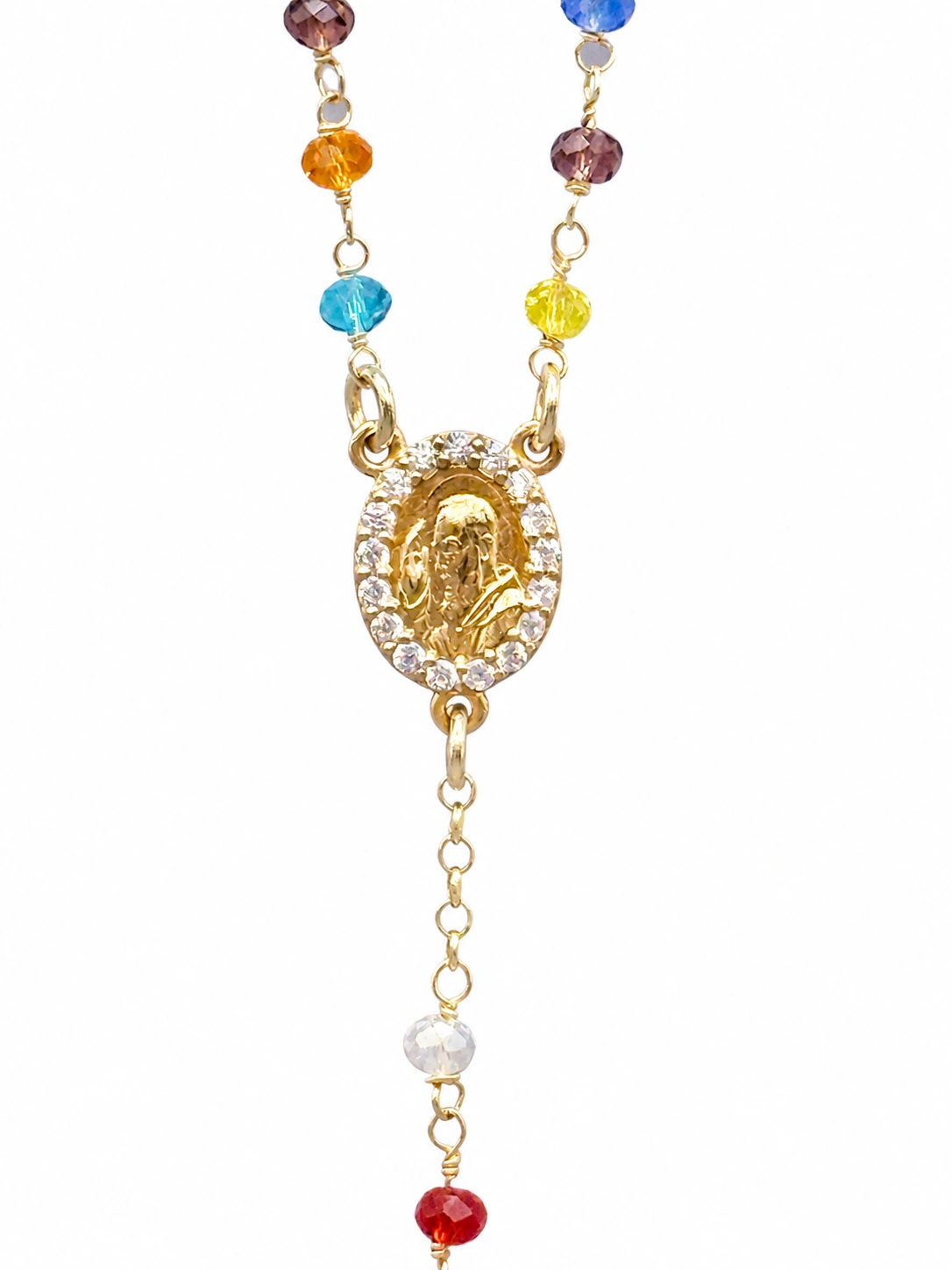 Rosario classico multicolor con medaglia PADRE PIO in Argento 925 dorato con zirconi e croce Tau. - Image 3