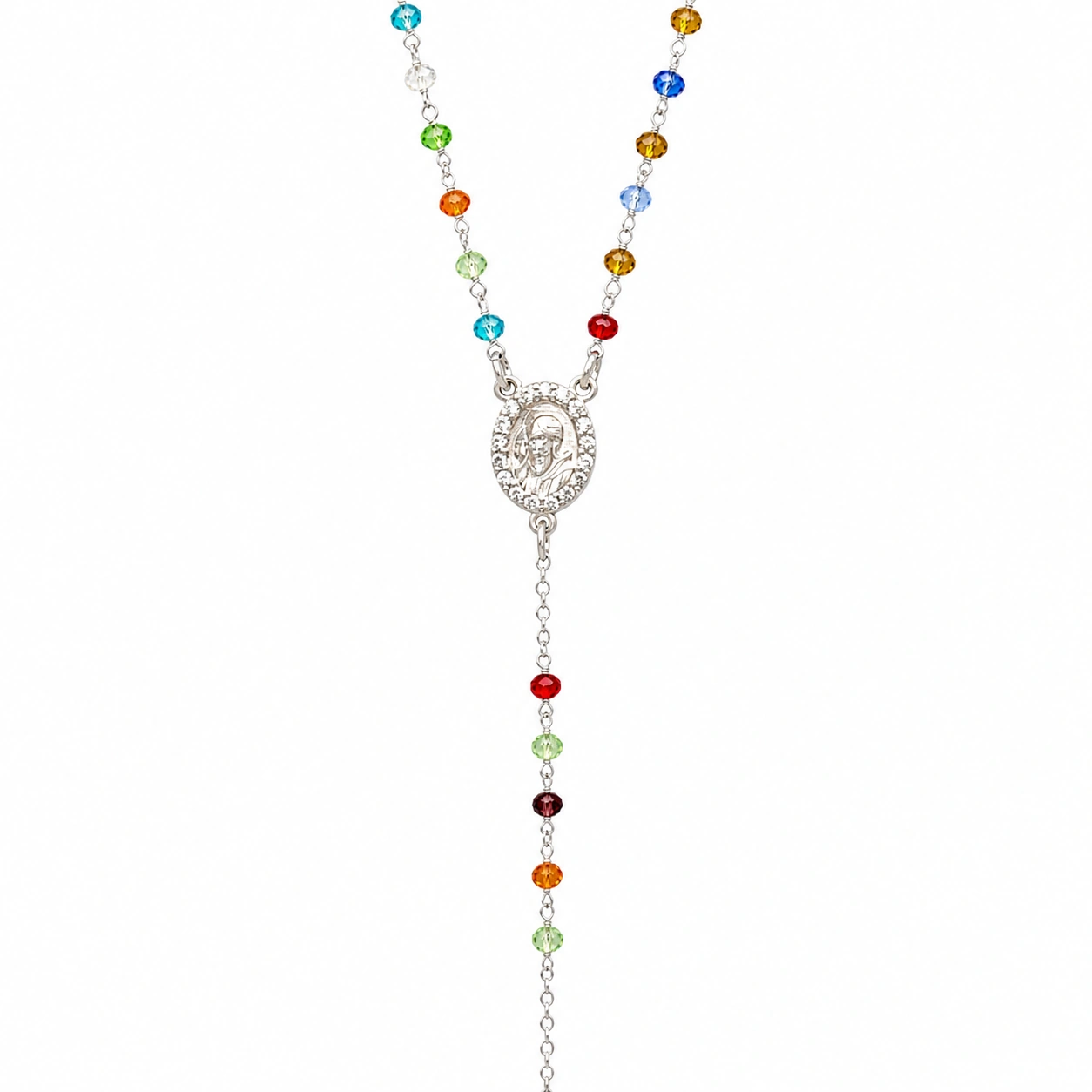Rosario classico multicolor con medaglia PADRE PIO in Argento 925 rodiato con zirconi e croce Tau. - Image 3