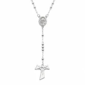 Rosario classico con medaglia PADRE PIO in Argento 925 rodiato con zirconi e croce Tau.