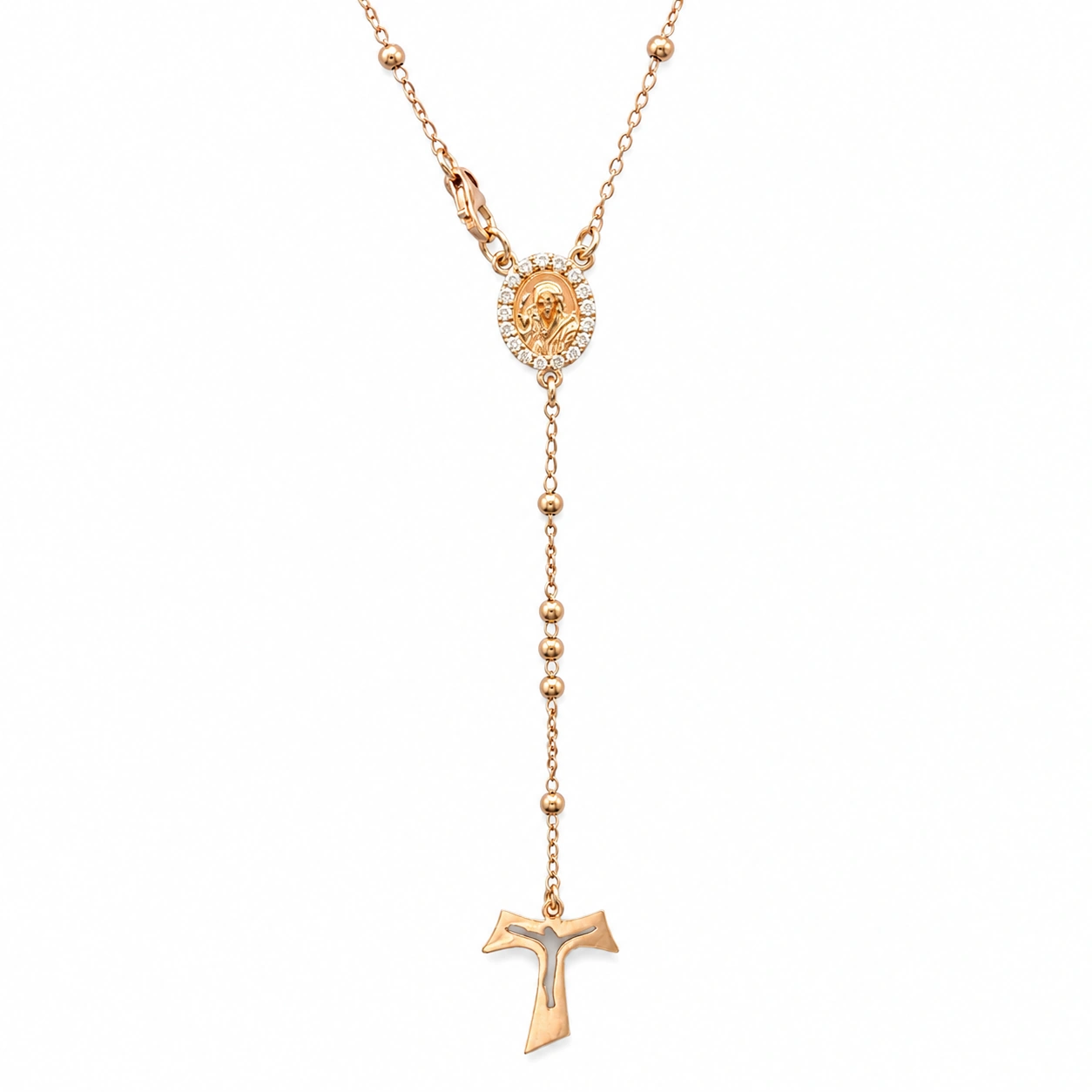 Rosario classico con medaglia PADRE PIO in Argento 925 rosè con zirconi e croce Tau.