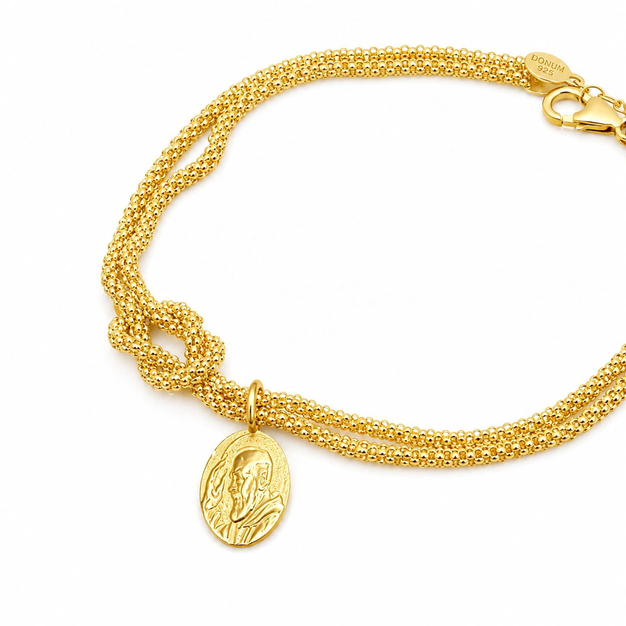 Bracciale Nodo della Fede in Argento 925 giallo e Medaglia Padre Pio. - Image 2