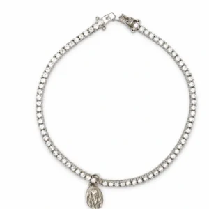 Bracciale tennis in argento rodiato con zirconi bianchi taglio diamante da 2.5 mm con medaglia di Padre Pio